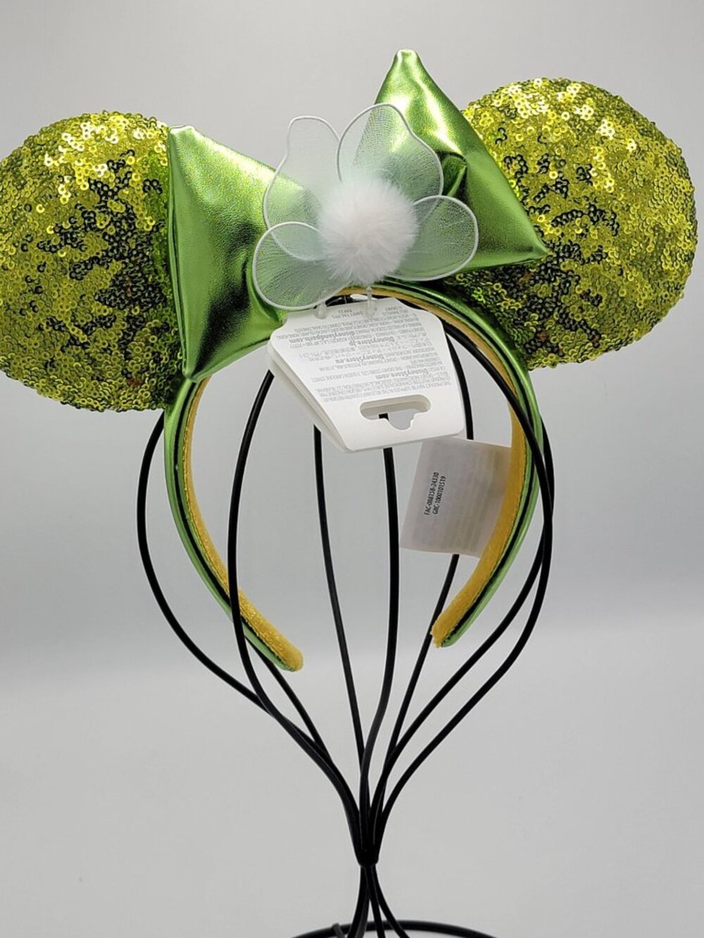 Tinker Bell-Inspired Green Sequin Mickey Ears Headband with Metallic Bow & Flowe